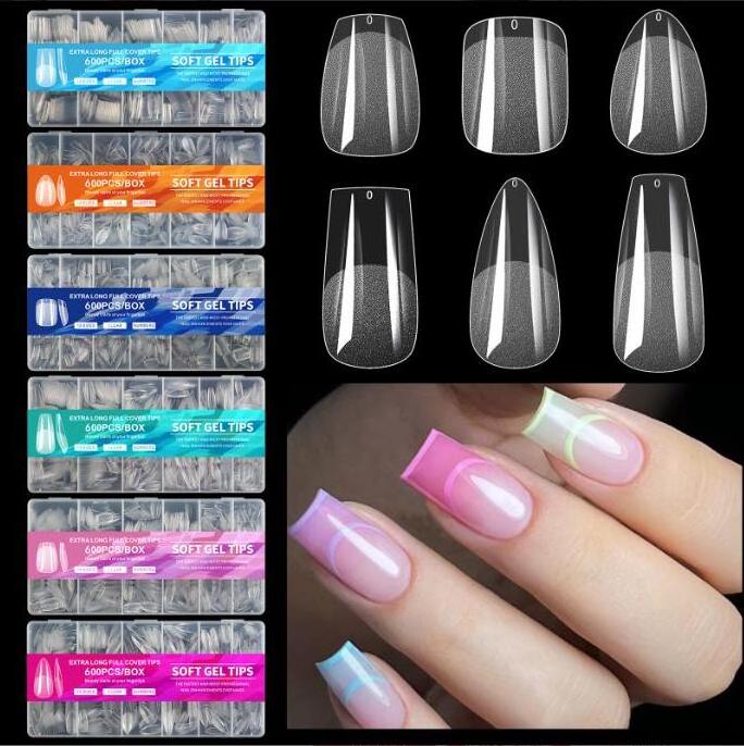 600pcs/Box Soft Gel X Nail Tips Supplies Full Cover False Nail Tips Acrylic Gel Extra Short Almond Nail Tip Square Medium