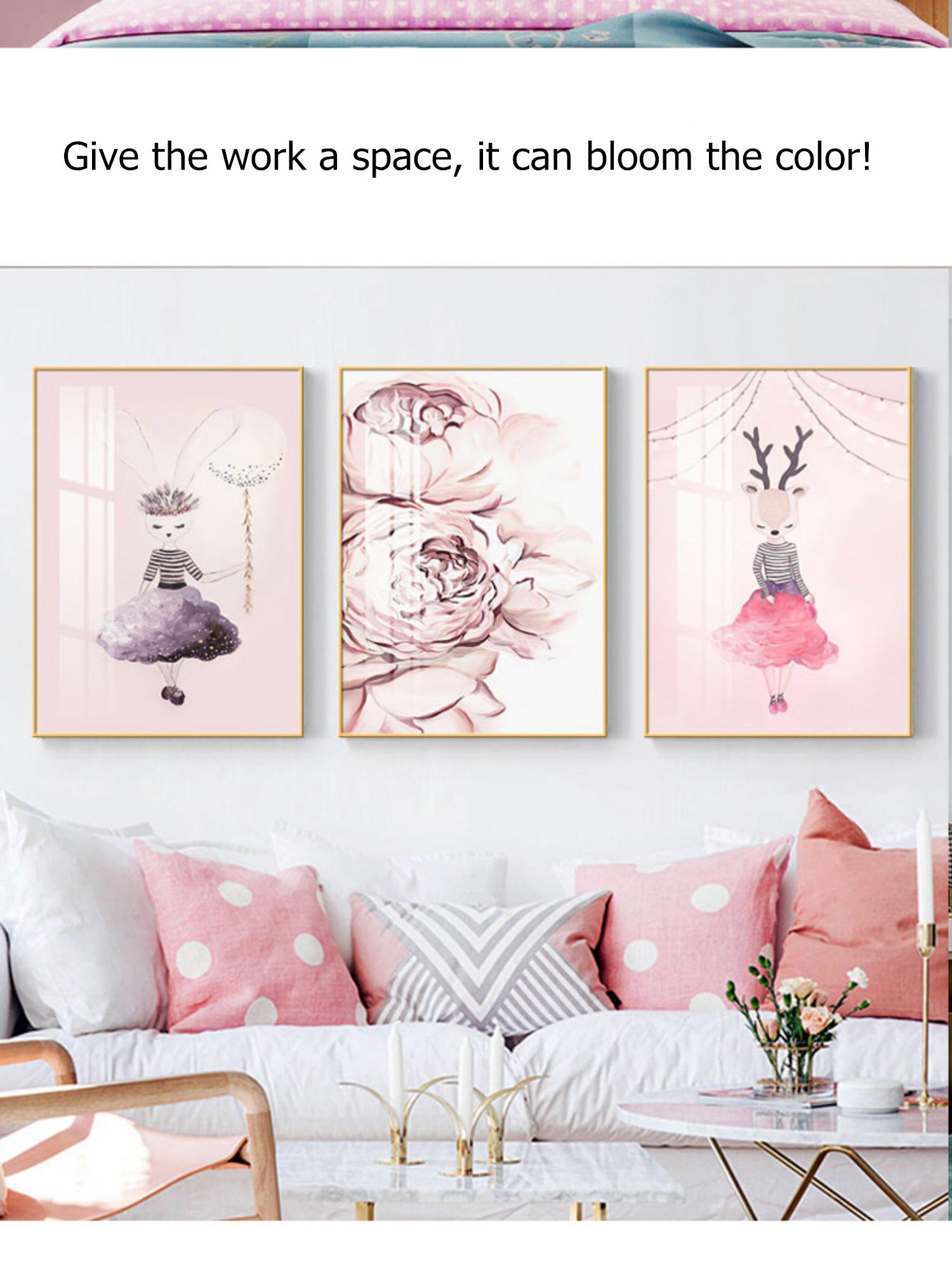 Decorative painting pink Nordic style INS bedroom Wall Art Print Crystal Porcelain Glass Painting With Golden Aluminum Frame