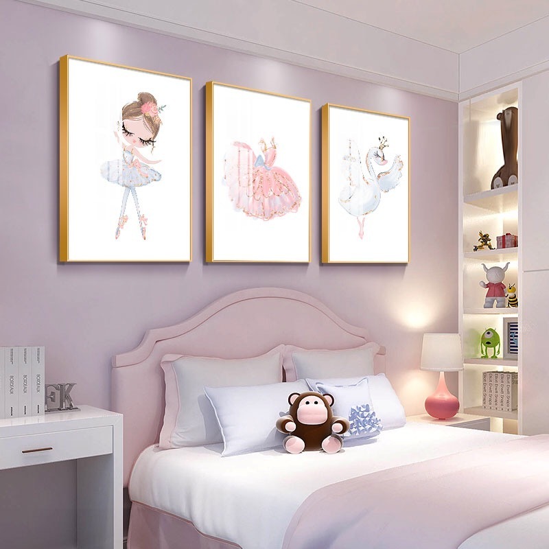 Decorative painting pink Nordic style INS bedroom Wall Art Print Crystal Porcelain Glass Painting With Golden Aluminum Frame