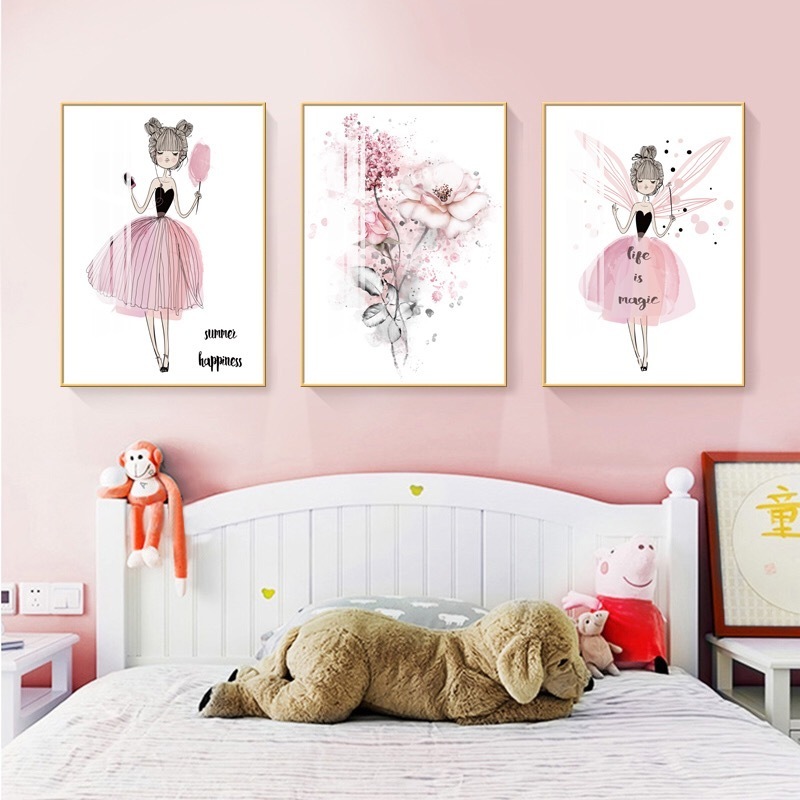 Decorative painting pink Nordic style INS bedroom Wall Art Print Crystal Porcelain Glass Painting With Golden Aluminum Frame