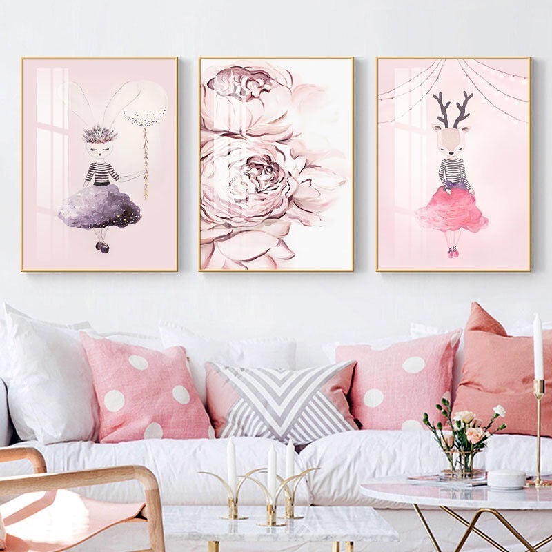 Decorative painting pink Nordic style INS bedroom Wall Art Print Crystal Porcelain Glass Painting With Golden Aluminum Frame