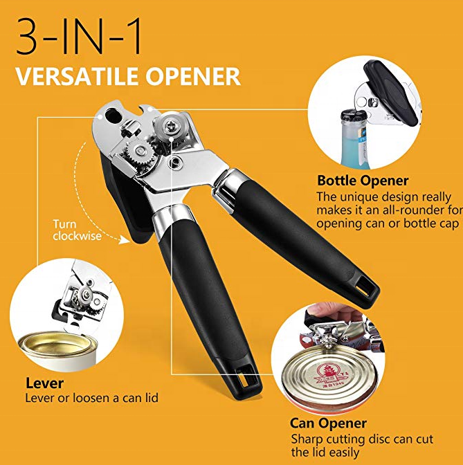 3 in 1 Versatile Heavy Duty Stainless Steel Sharp Blade Smooth Edge Tin Beer Bottle Jar Safety Manual Can Opener