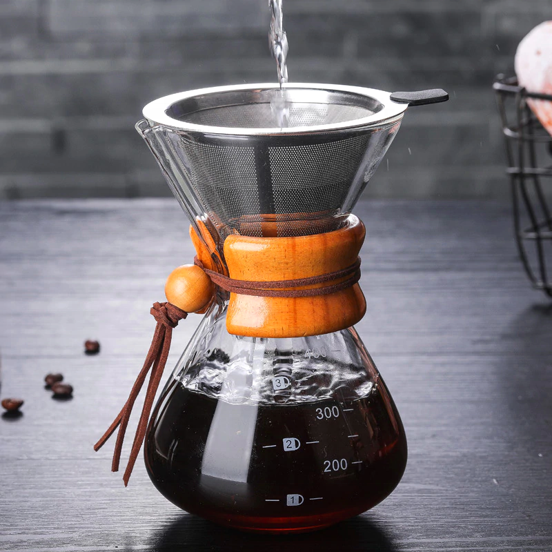 Classic Wood Neck Holder Pourover Pot with Filter Other Coffee Makers Pour-over Coffee Maker 3-4 Cup Pot Glass Round