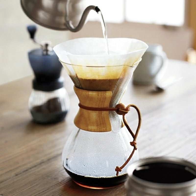 Classic Wood Neck Holder Pourover Pot with Filter Other Coffee Makers Pour-over Coffee Maker 3-4 Cup Pot Glass Round