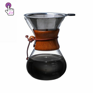 Classic Wood Neck Holder Pourover Pot with Filter Other Coffee Makers Pour-over Coffee Maker 3-4 Cup Pot Glass Round