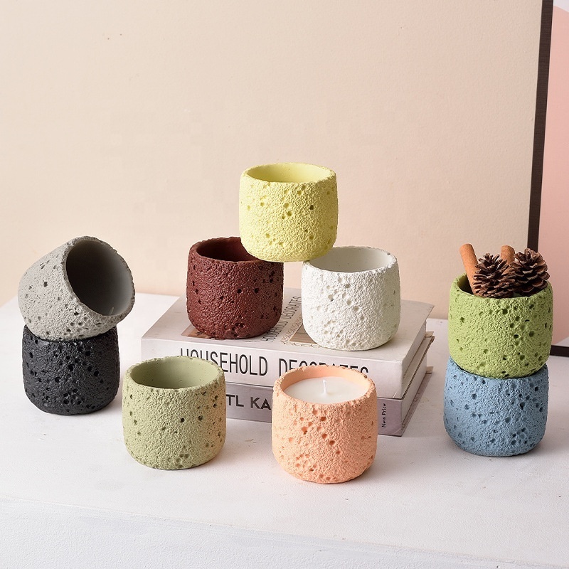 Custom wholesale Nordic matte scented candles holder embossed empty cement candle container colorful concrete candle jar