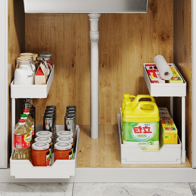 2 Tier Spice Kitchen Rack Pull Out Sliding Shelf Under Sink Organizer for Kitchen Cabinet Storage Drawer