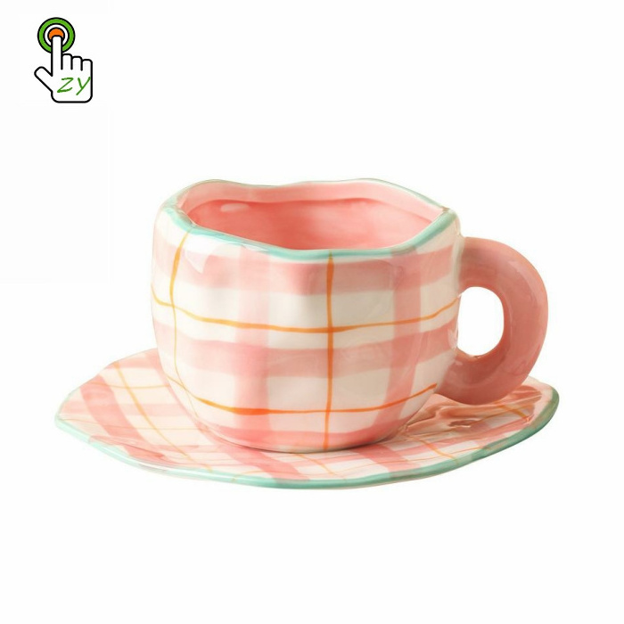 Retro girl heart hand pinching ceramic mug afternoon tea hand-painted striped water coffee cup saucer set