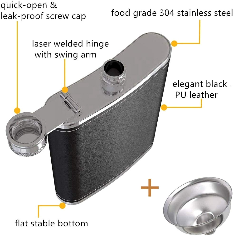 Leather Wrapped Stainless Steel Hip Flask Liquor Alcohol Bottle with Built-in Cigar Case Holder and Funnel Set