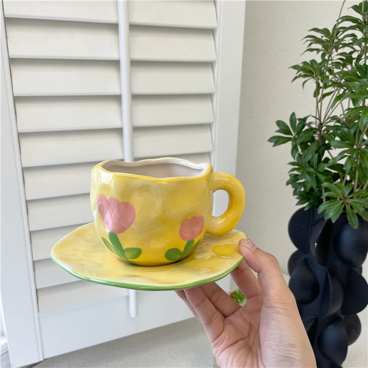 Afternoon Tea & Coffee Creative Girl Heart Retro Hand Pinch Pink Striped Plaid Ceramic Coffee Cup and Saucer set