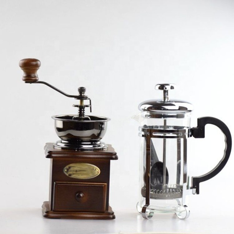 Wholesale Manufactures Coffee Accessories Gift Box Set Wood Manual Coffee Grinder with 350ml Glass French Press