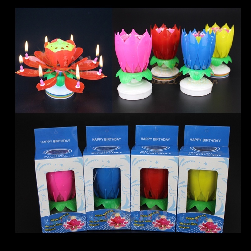 Incredible Happy Cake Party Colored Magic Sparkler Number Rainbow rotating musical lotus Flower music Birthday Candle