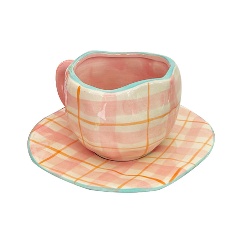 Afternoon Tea & Coffee Creative Girl Heart Retro Hand Pinch Pink Striped Plaid Ceramic Coffee Cup and Saucer set