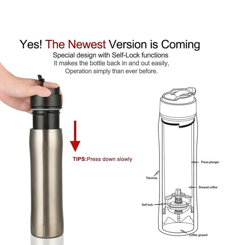 Custom logo Portable French Press Coffee Maker 350ML Travel water Bottle with Filter Double Wall Insulated Thermos/Kettle