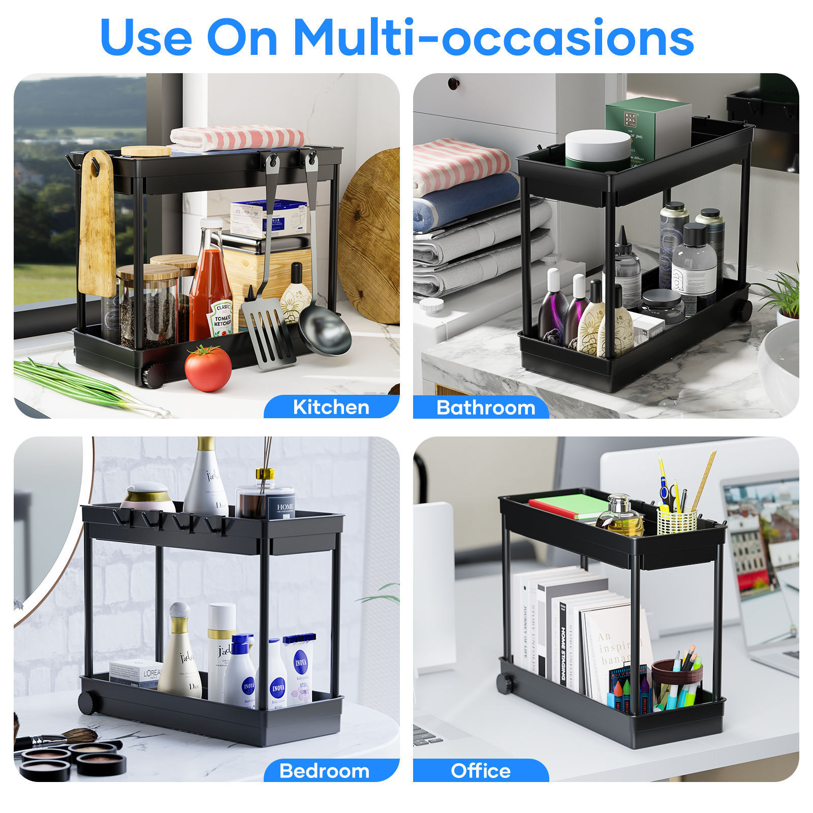 Under Sink Organizer for Bathroom & Kitchen Pull-Out Storage Rack with Anti-slip Pads & Hooks 2 Tier