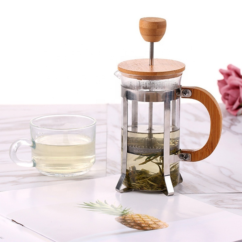 Hot Sale Modern Heat Resistant Coffee Tea Pot 600 ml Stainless Steel with Bamboo Coffee French Press