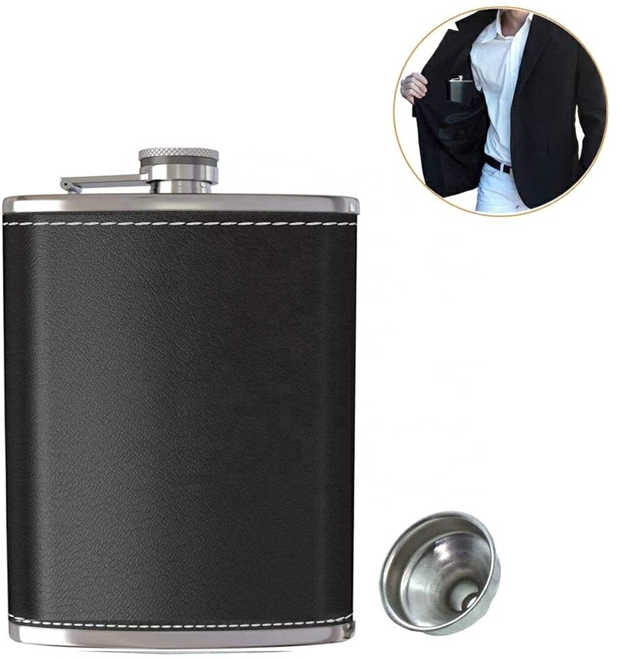 Leather Wrapped Stainless Steel Hip Flask Liquor Alcohol Bottle with Built-in Cigar Case Holder and Funnel Set