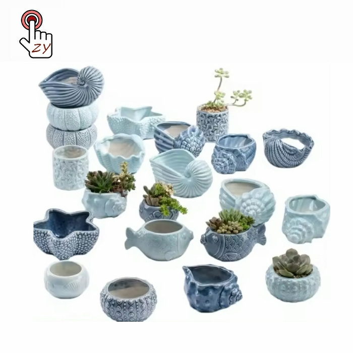 Marine ocean cartoon plant pot blue sea animal porcelain potted basin whales starfish shell fish ceramic succulent flower pot