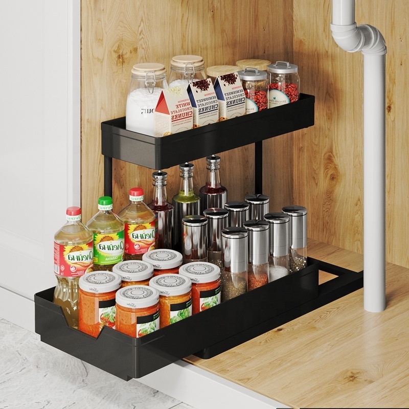 2 Tier Spice Kitchen Rack Pull Out Sliding Shelf Under Sink Organizer for Kitchen Cabinet Storage Drawer