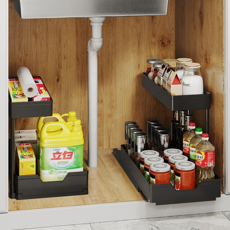 2 Tier Spice Kitchen Rack Pull Out Sliding Shelf Under Sink Organizer for Kitchen Cabinet Storage Drawer