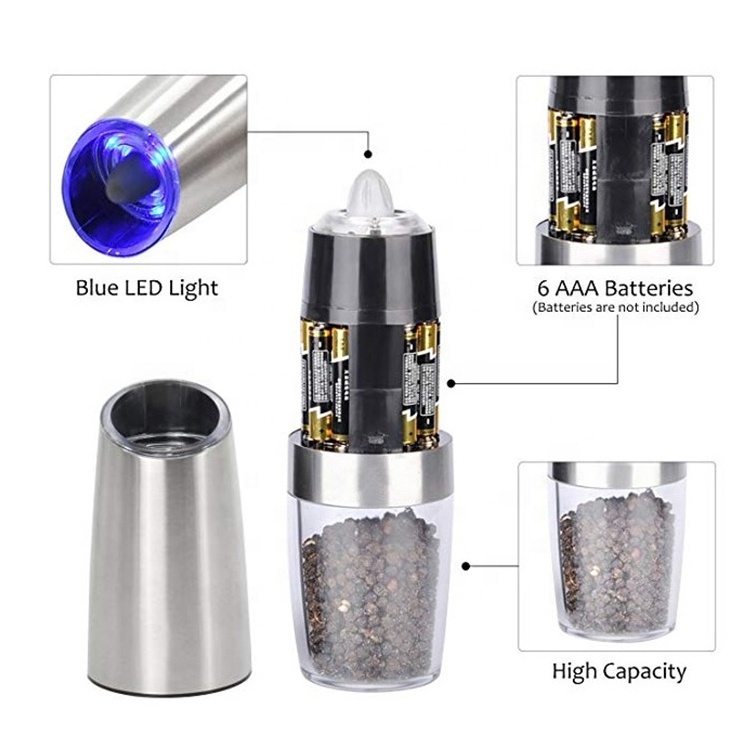 Manufactures Hot sale Gravity Battery Operated Electric Salt and Pepper Grinder Pepper Mill with Blue LED Light