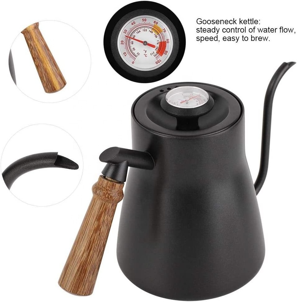 Stainless Steel Gooseneck Tea Kettle Drip Over Coffee Kettle Tea Coffee Pot with Wooden Handle and Thermometer