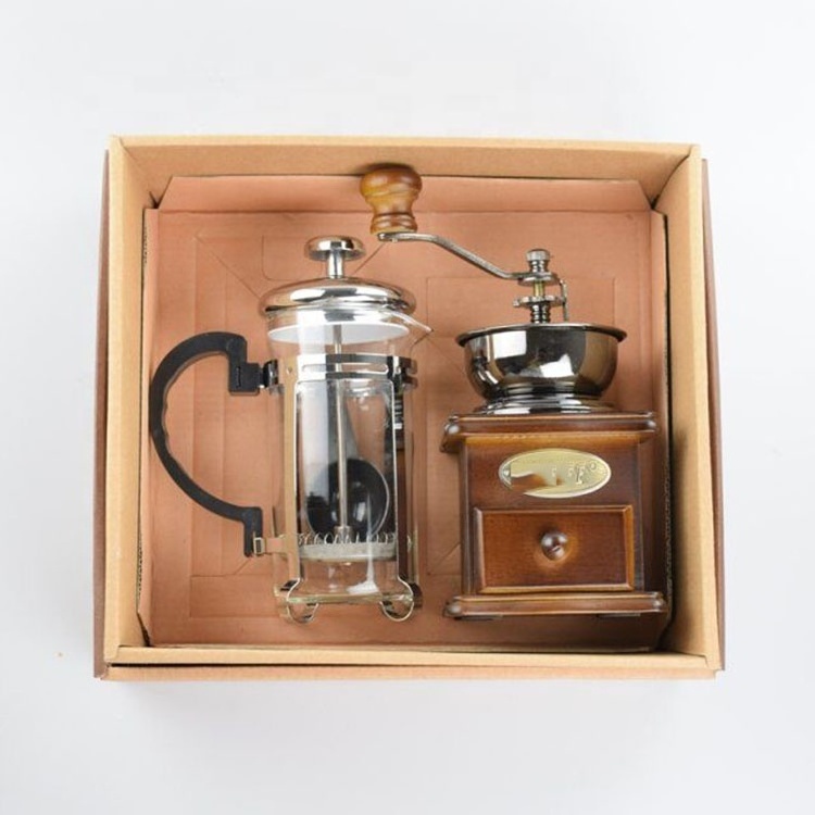 Wholesale Manufactures Coffee Accessories Gift Box Set Wood Manual Coffee Grinder with 350ml Glass French Press