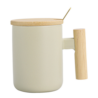 Nordic Porcelain Coffee Ceramic Mug With Wooden Handle Ceramic Mug With Bamboo Lid and Spoon Porcelain M