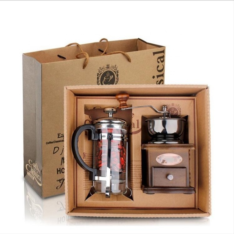 Wholesale Manufactures Coffee Accessories Gift Box Set Wood Manual Coffee Grinder with 350ml Glass French Press