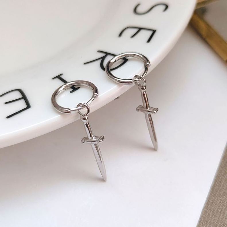 1 Hot sale punk 925 sterling silver dangle dagger sword earrings for women and men