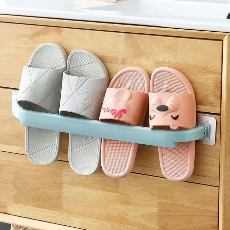 1 Perforation-free extended bathroom double-pole wall-hung slippers rack household color self-adhesive towel rack