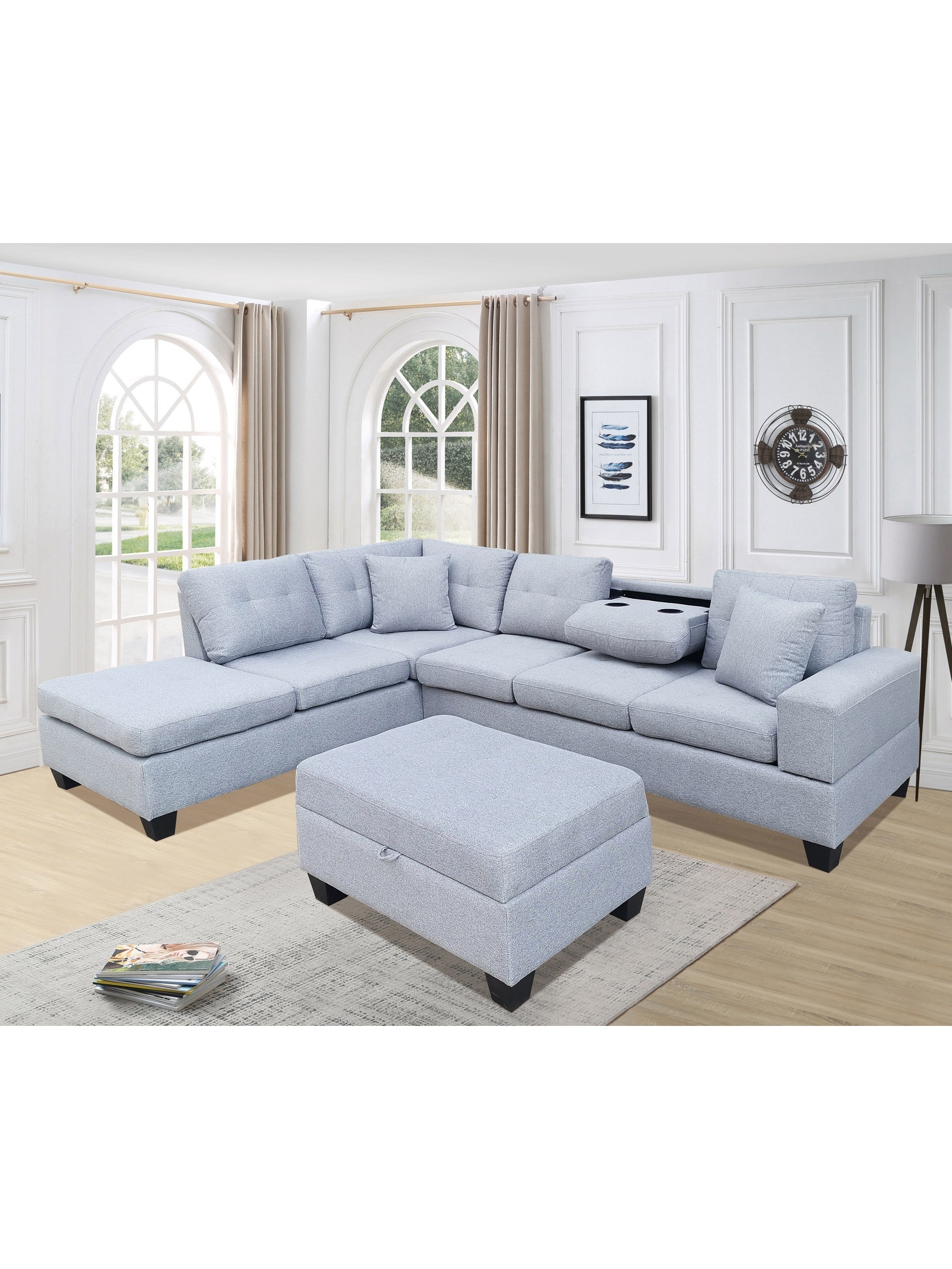 Sectional Sofa with Reversible Chaise Lounge L-Shaped Couch with Storage Ottoman and Cup Holders in fabric material living room