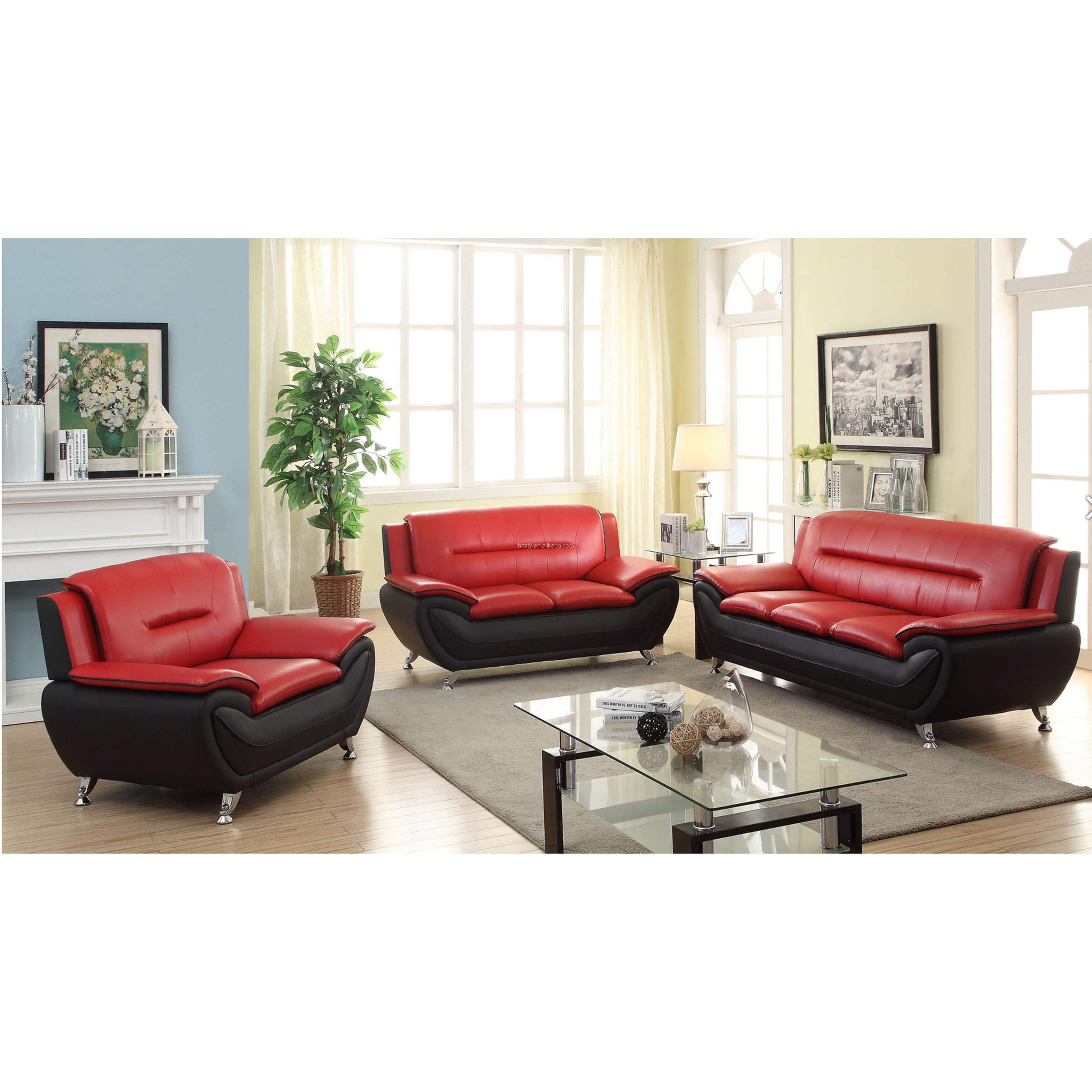 US Pride Furniture 3 Piece Modern Faux leather Sofa Set black and red