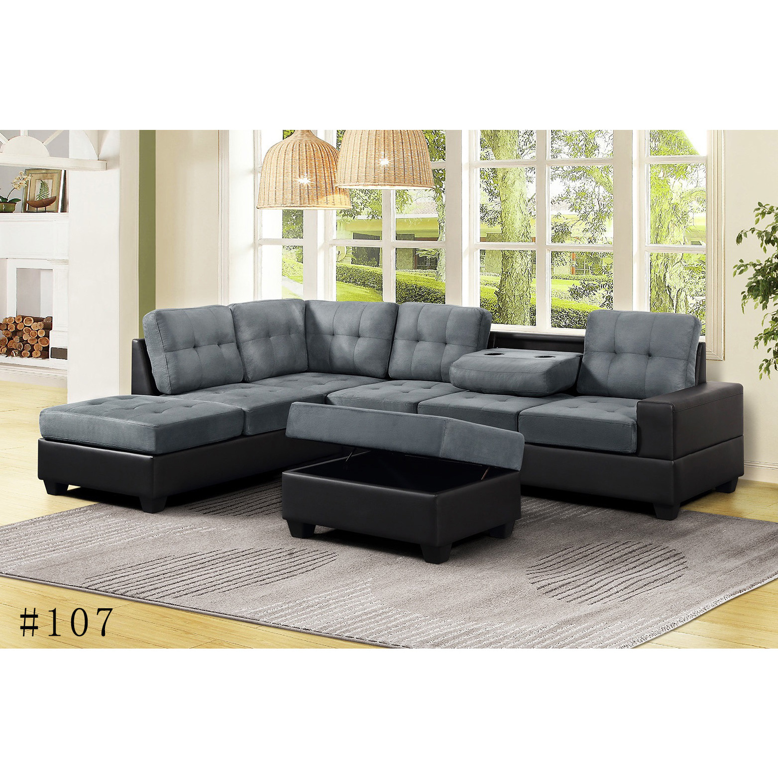 Black Grey fabric material living room Sofa with Reversible Chaise Lounge L-Shaped Couch with Storage Ottoman and Cup Holders