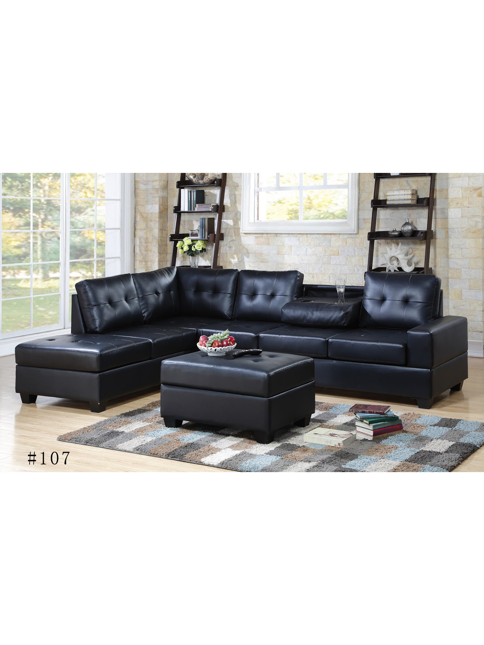 Black Grey fabric material living room Sofa with Reversible Chaise Lounge L-Shaped Couch with Storage Ottoman and Cup Holders