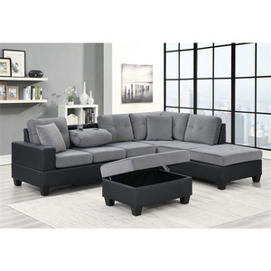 Black Grey fabric material living room Sofa with Reversible Chaise Lounge L-Shaped Couch with Storage Ottoman and Cup Holders