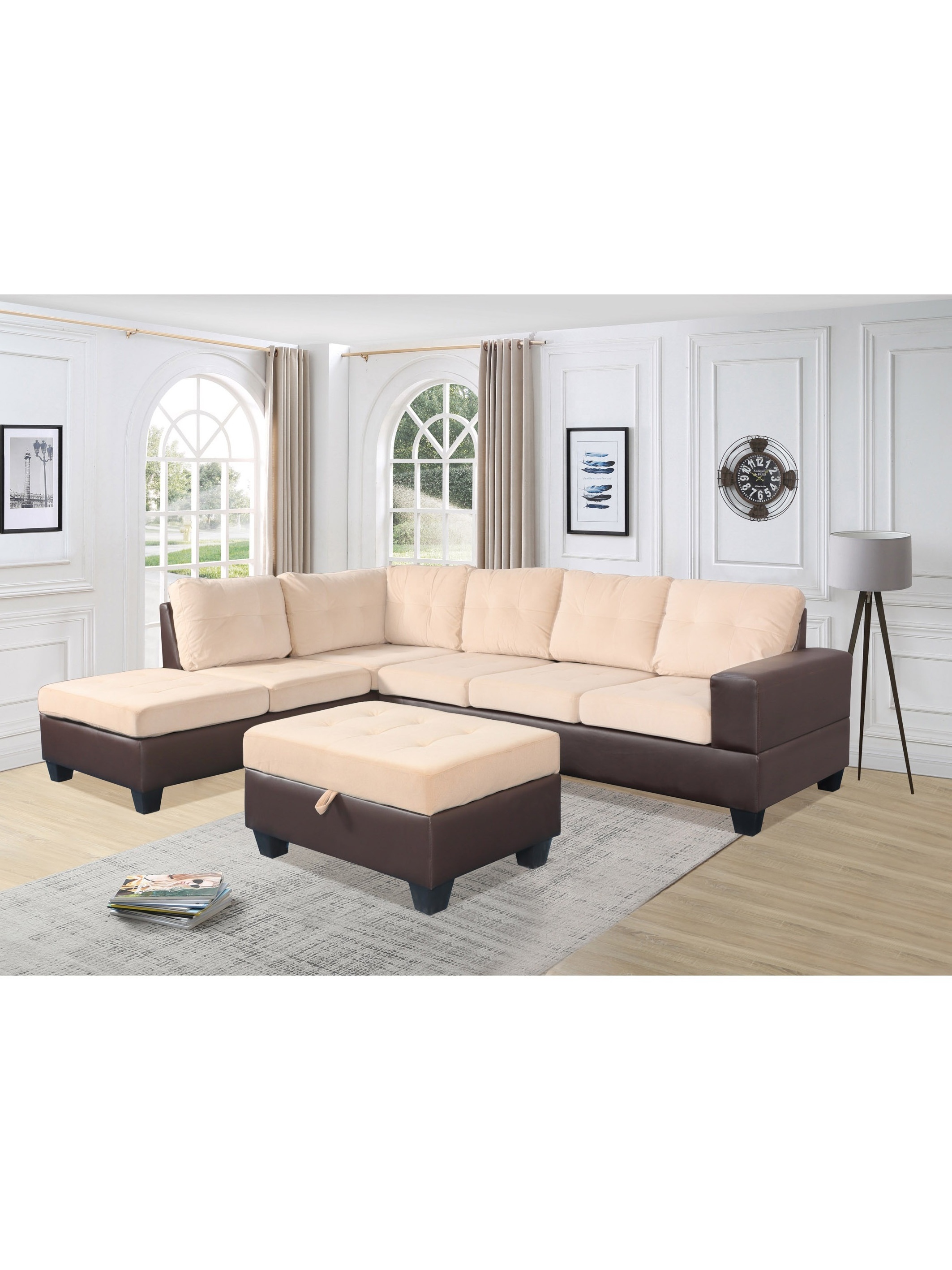 Sectional Sofa with Reversible Chaise Lounge L-Shaped Couch with Storage Ottoman and Cup Holders in fabric material living room