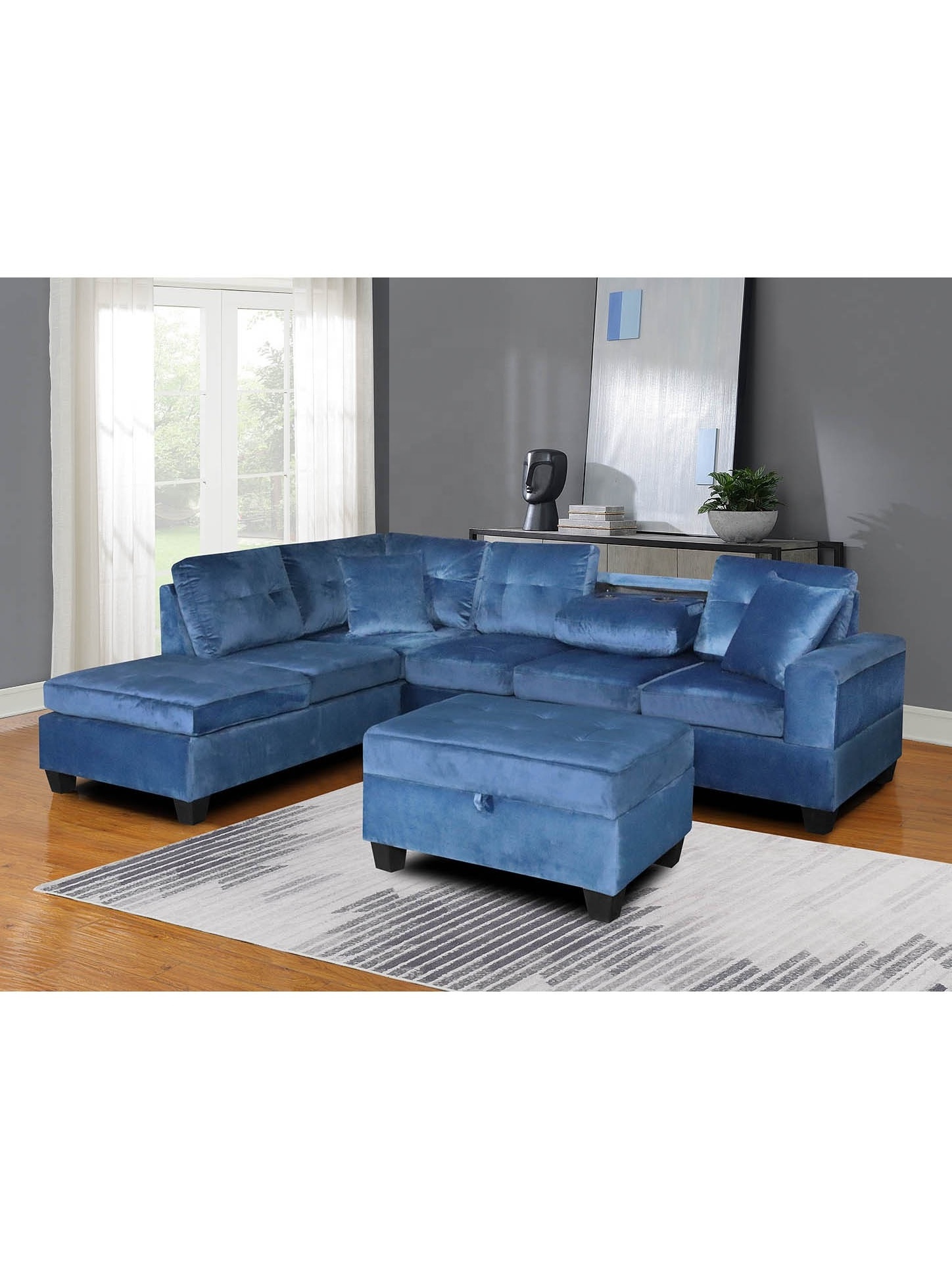 Sectional Sofa with Reversible Chaise Lounge L-Shaped Couch with Storage Ottoman and Cup Holders in fabric material living room