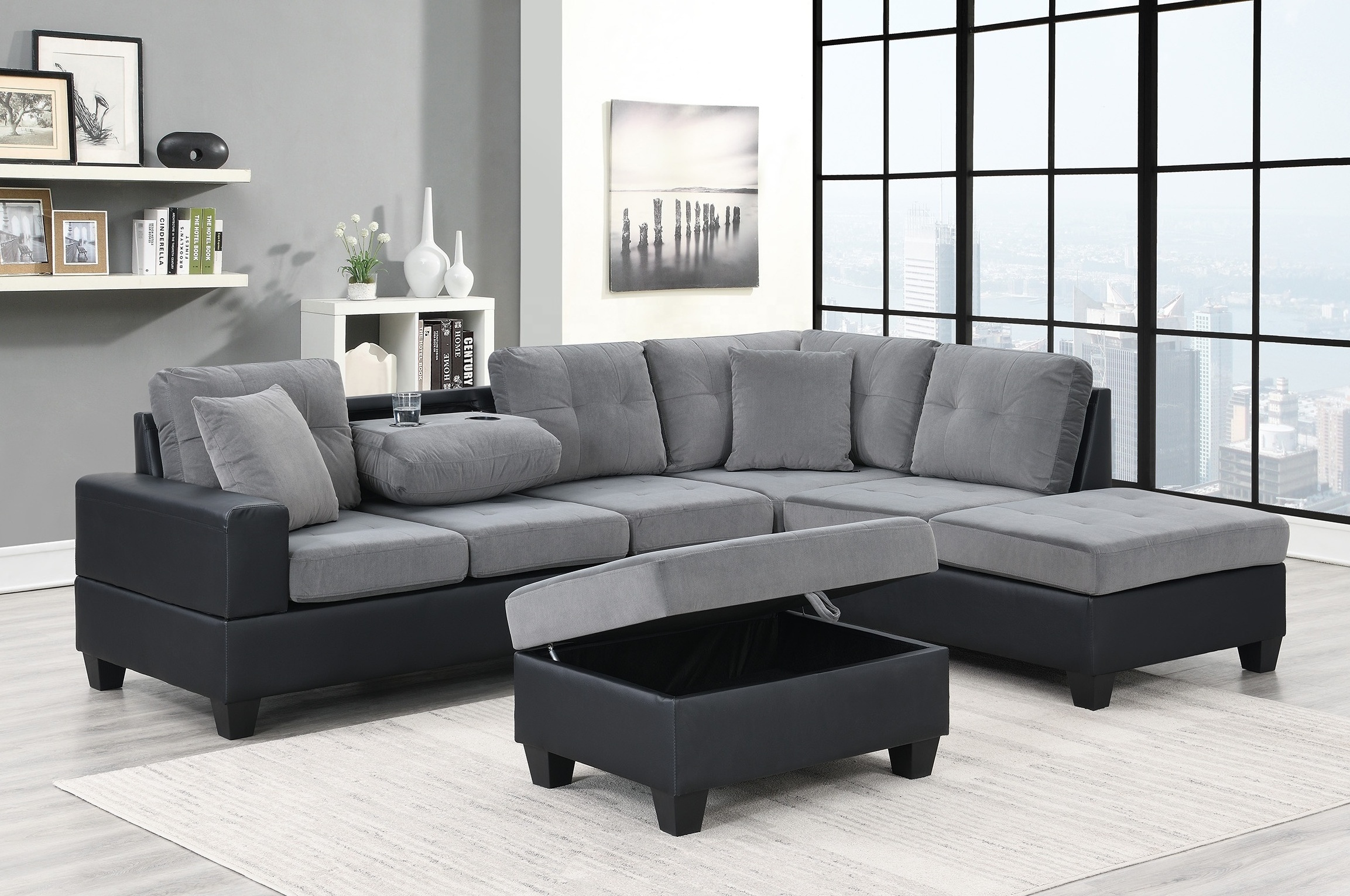 Gray linen upholstery L shape Sofa with Left or Right Hand Chaise gray reversible sectional sofa set for living room