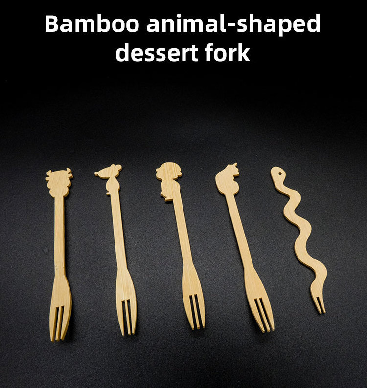 disposable small cute animal wooden disposable mini bamboo cocktail fondue salad dessert cake fruit pick spork spoon fork set