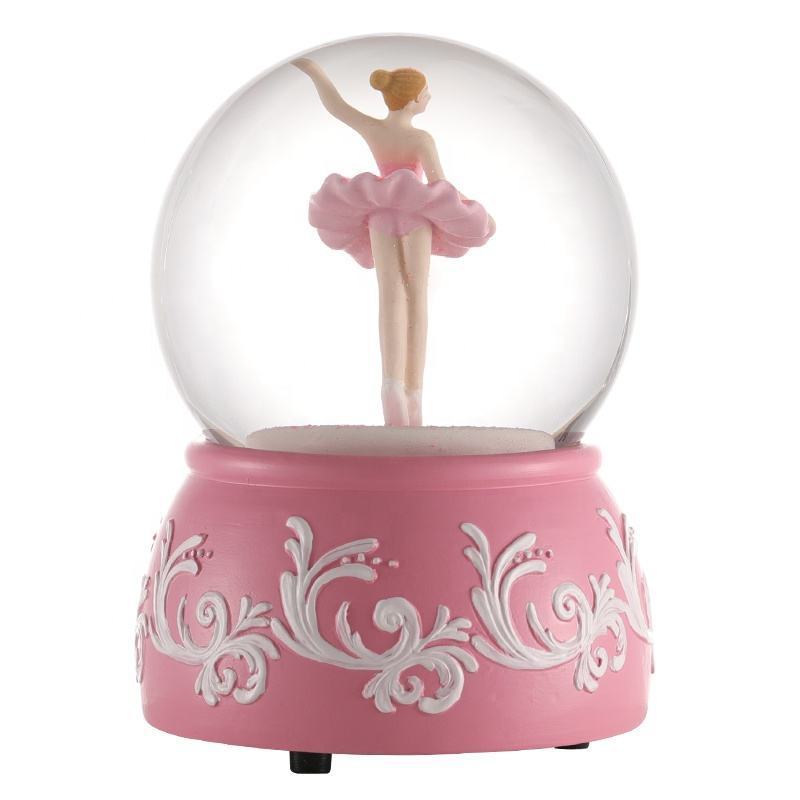 customized snow ball Music Spinning ballet Dancer Dancing custom globe pink Flower Base home Decoration Souvenir Snow Globe