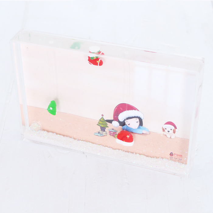 OEM custom 4*6 water picture frame rectangle Christmas Acrylic plastic photo snow globe liquid glitter heart shape picture frame