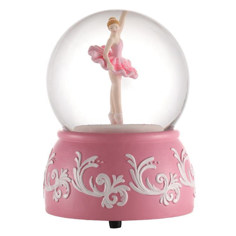 customized snow ball Music Spinning ballet Dancer Dancing custom globe pink Flower Base home Decoration Souvenir Snow Globe