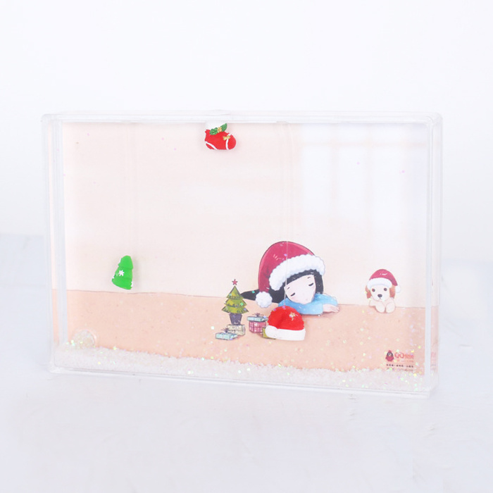 OEM custom 4*6 water picture frame rectangle Christmas Acrylic plastic photo snow globe liquid glitter heart shape picture frame