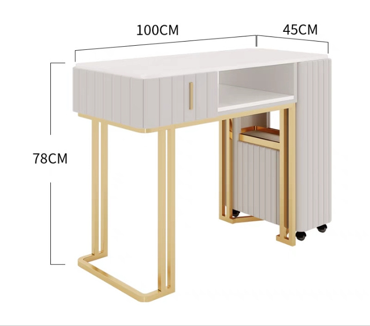 Hochey Beauty furniture marble top green manicure table and chair double station set gold metal art salon tech nail table