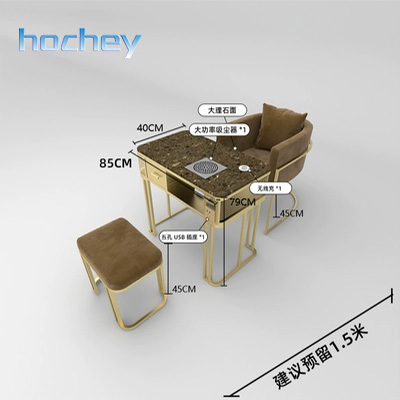 Hochey Luxury Gold Metal Desk Marble Top Light Luxury Manicure Table Light Manicure Table with Dust Collector