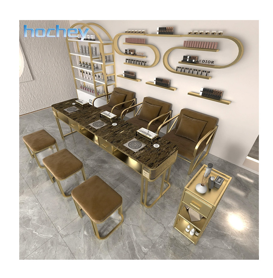 Hochey Luxury Gold Metal Desk Marble Top Light Luxury Manicure Table Light Manicure Table with Dust Collector