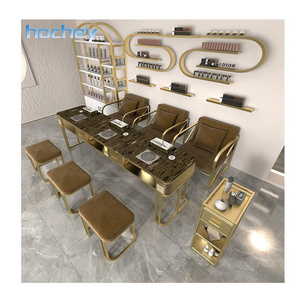 Hochey Luxury Gold Metal Desk Marble Top Light Luxury Manicure Table Light Manicure Table with Dust Collector