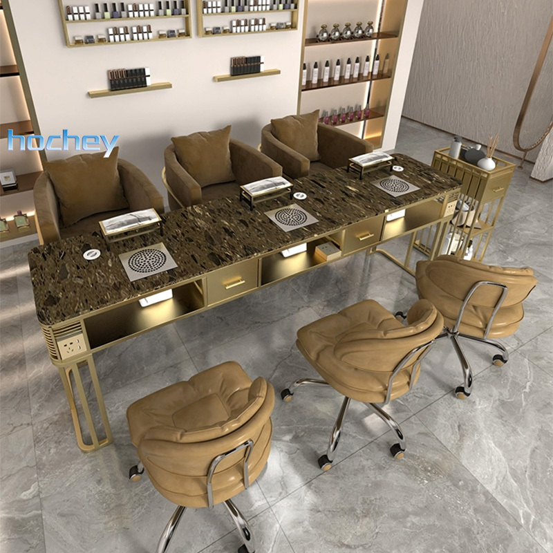 Hochey Luxury Gold Metal Desk Marble Top Light Luxury Manicure Table Light Manicure Table with Dust Collector