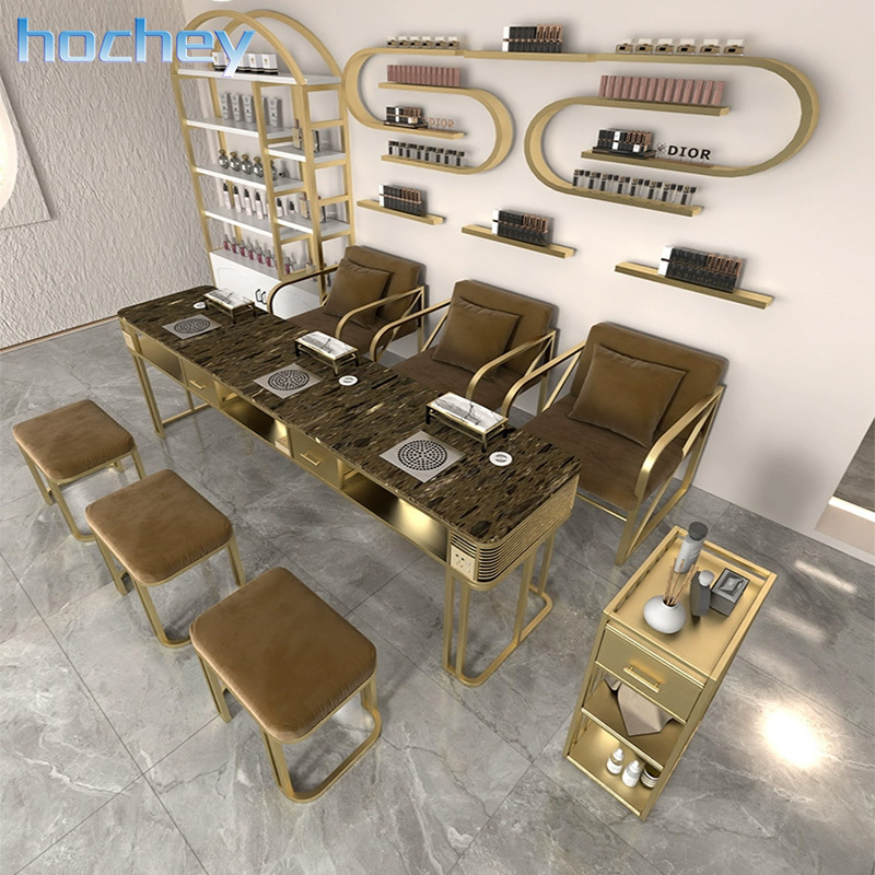 Hochey Luxury Gold Metal Desk Marble Top Light Luxury Manicure Table Light Manicure Table with Dust Collector